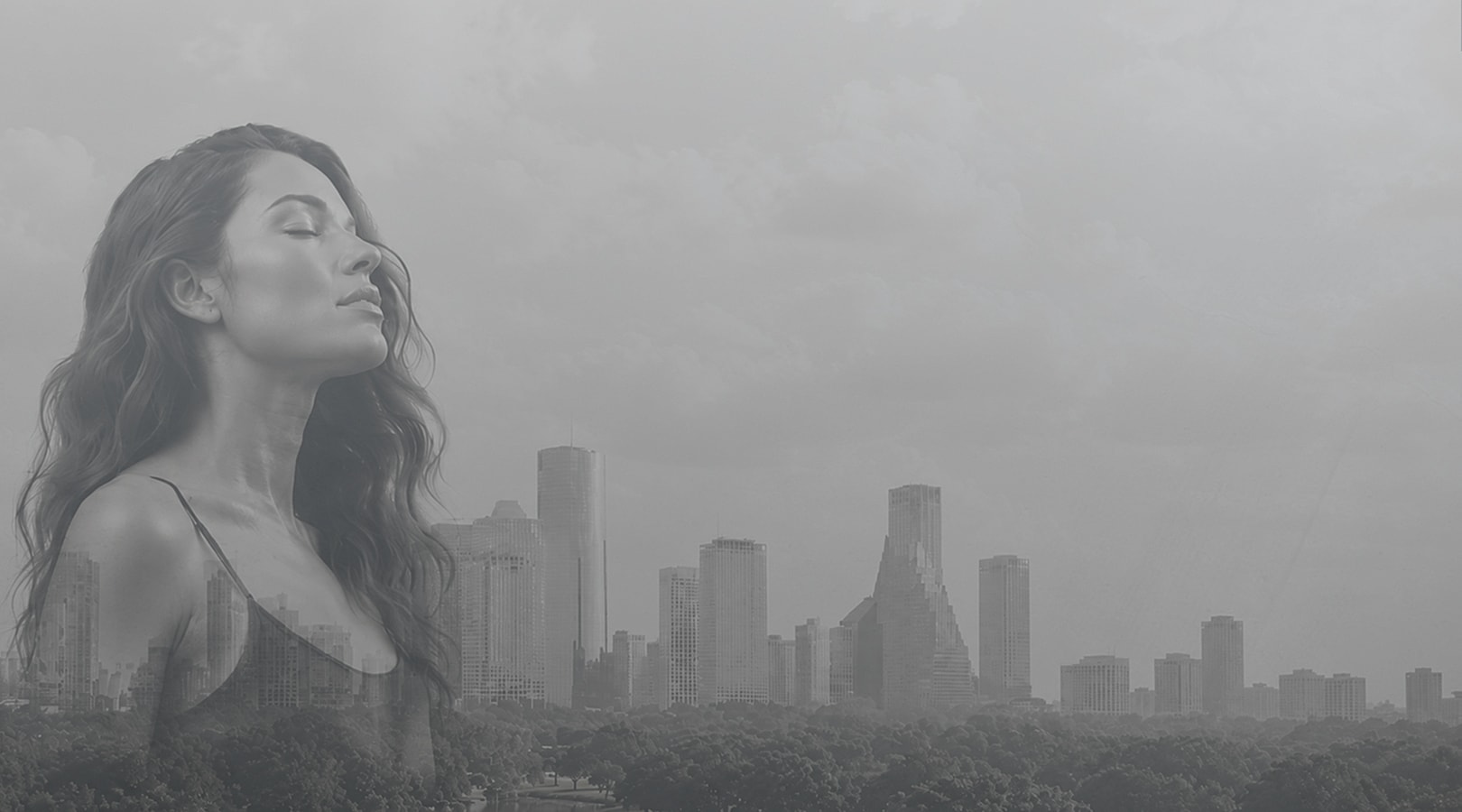 Woman's silhouette blended with a city skyline.