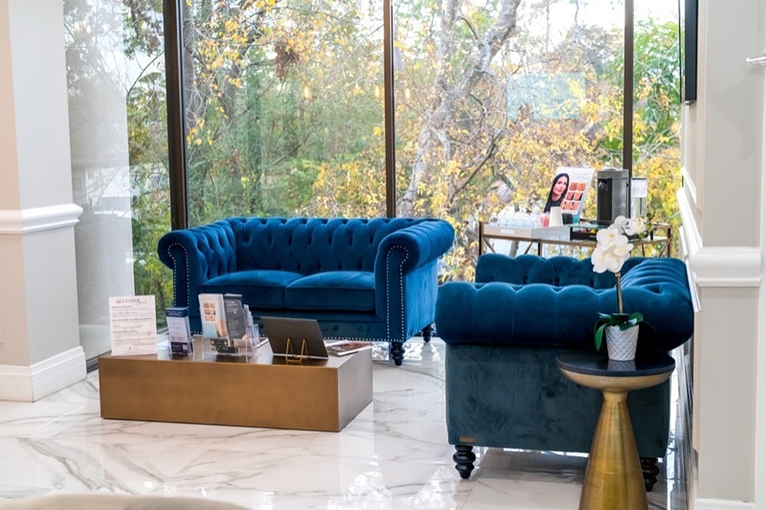 Modern lounge area with blue sofas and decor.