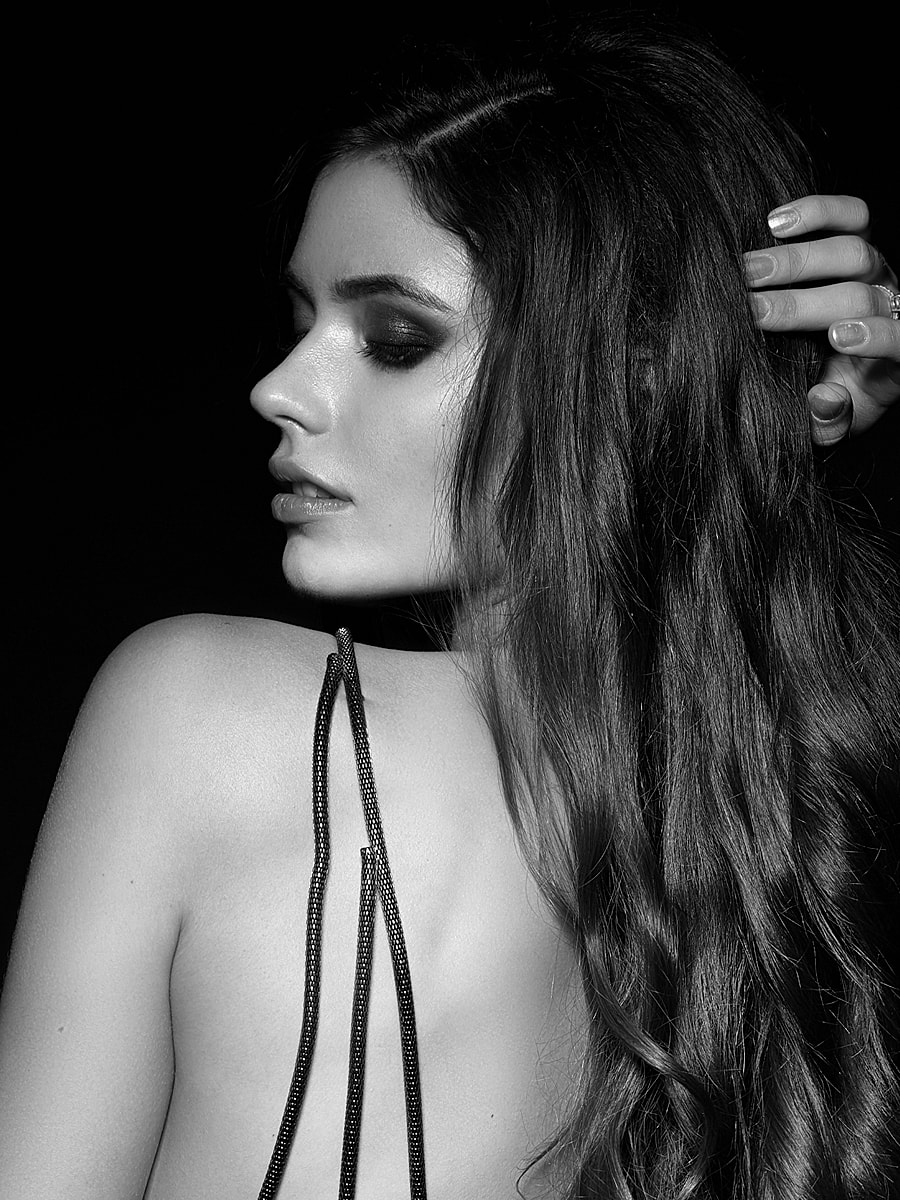 Profile shot of a woman in black and white