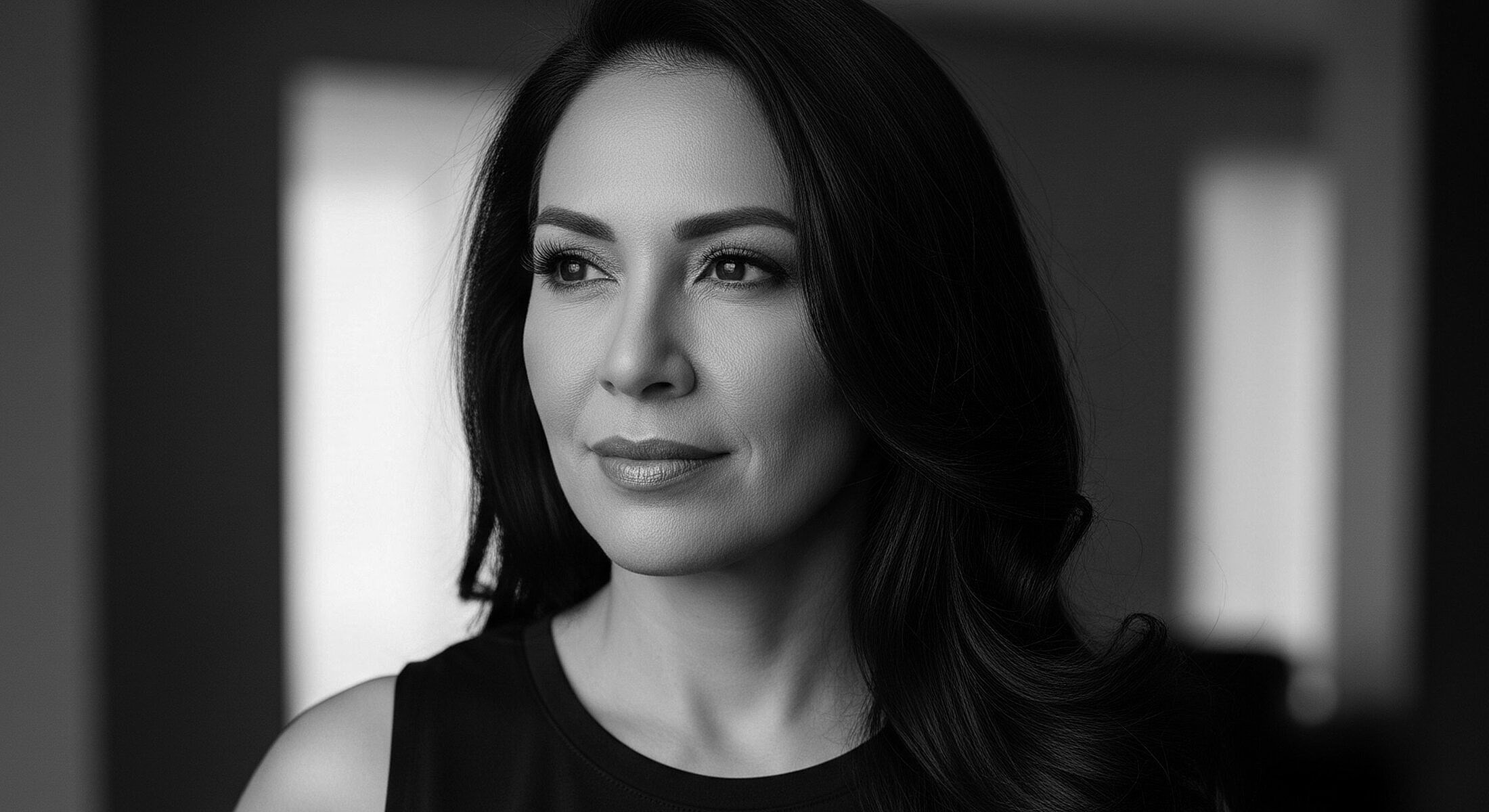 Black and white portrait of a thoughtful woman.